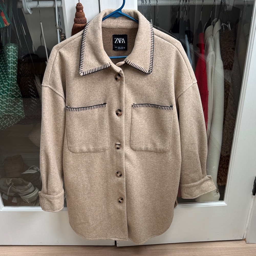 Zara Tan Wool-Blend Utility Overshirt with Contrast Stitching